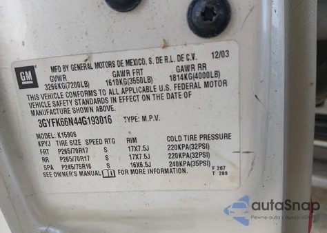 2004 Cadillac Escalade Esv Standard z USA, uszkodzony, nr VIN 3GYFK66N44G193016